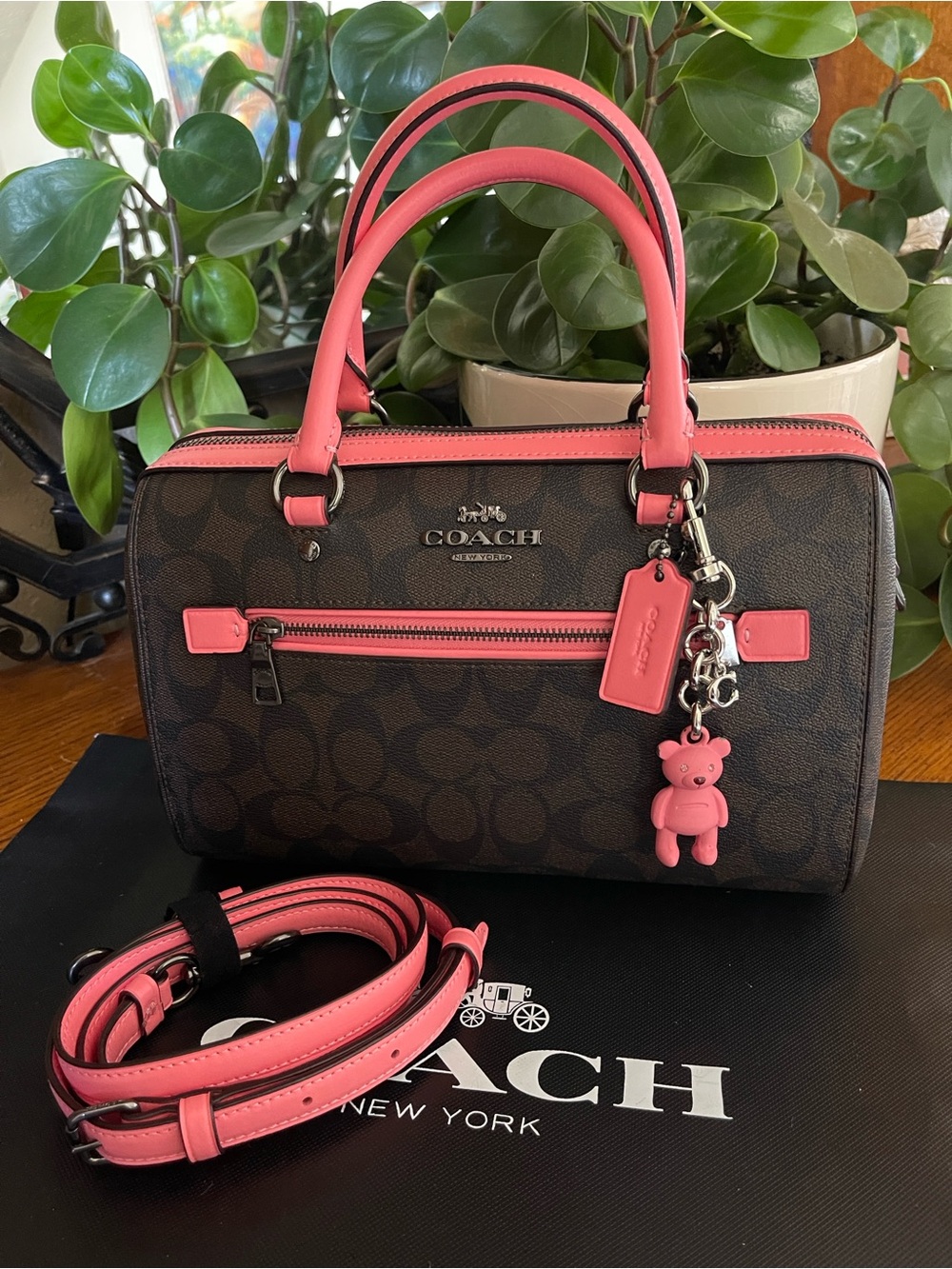 Coach Rowan Dk Brn/Tan Signature Satchel Bag with Pink Trim and Charm